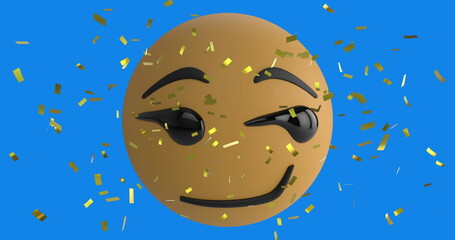 Digital image of golden confetti falling over smirk face emoji against blue background