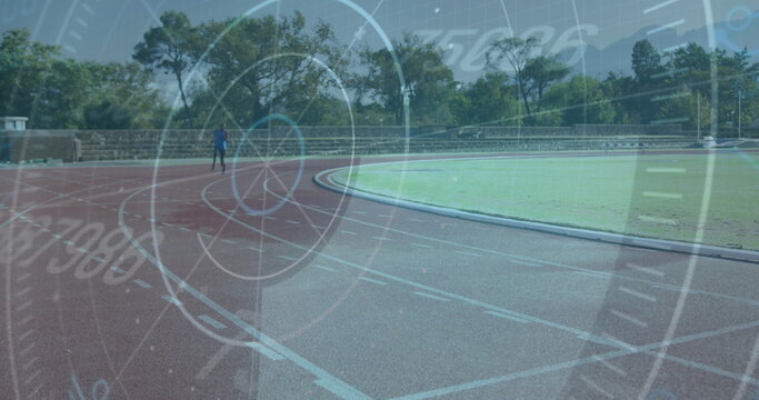 Image of data processing over disabled male athlete on racing track