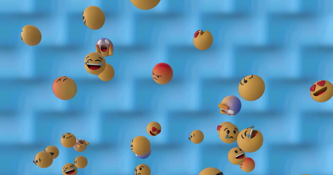 Digital image of multiple face emojis floating over geometric design texture on blue background