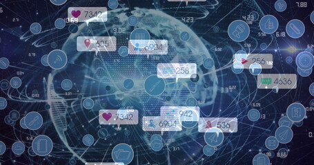 Image of social media icons and numbers over globe