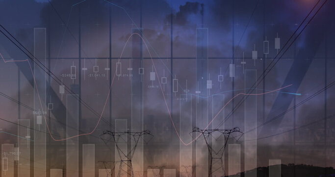 Image of financial graphs over electricity poles at dusk - Powered by Adobe