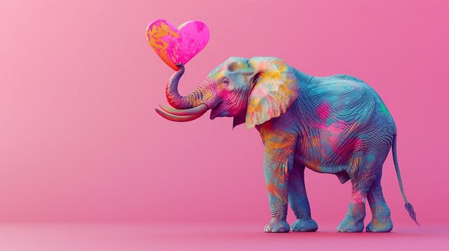 Vibrant wildlife photography, Colorful elephant holding heart shape against pink background. Perfect nature wallpaper for animal lovers.