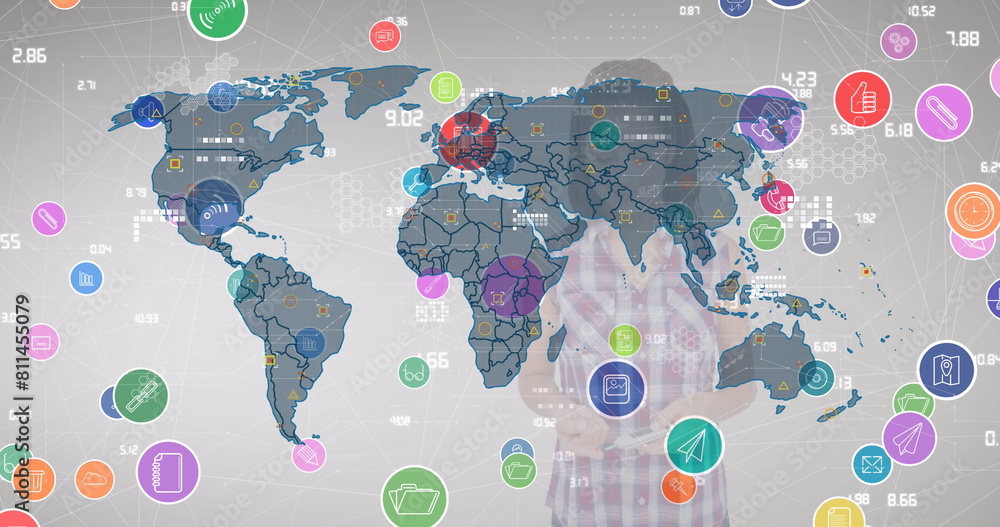 Poster image of network of digital icons over world map against caucasian girl using smartphone