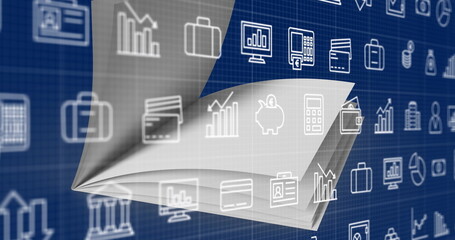 Image of data processing and media icons over blue background