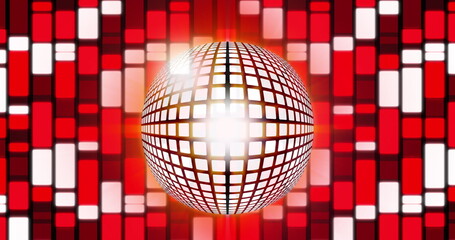 Image of disco mirror ball spinning over red glowing rectangles
