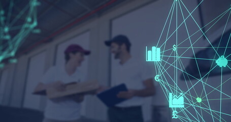 Image of network of connections with icons over caucasian delivery men