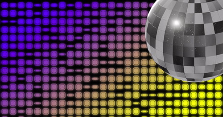 Image of disco ball and lights over colorful background