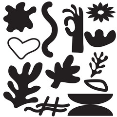 Set of trendy doodle abstract Drawn shapes on isolated white background. Spots drops curves lines and textures. Modern contemporary vector illustration unusual organic forms in matisse style by hand