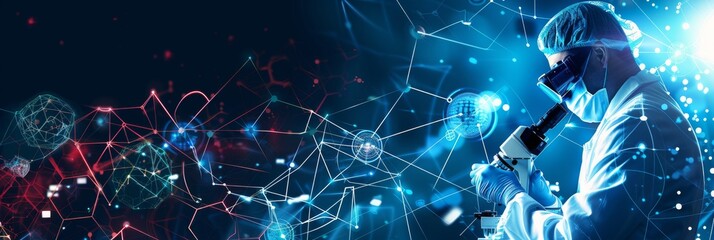 Obraz premium Banner with an abstract background of digital connections and icons representing global ecommerce, a scientist holding microscopes in the foreground symbolizing scientific research.
