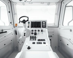 Detailed interior shot of a backhoe loader cabin, focused on the control panel and operator's seat, stark white isolation