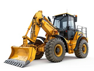 Close-up of a pristine backhoe loader, highlighting its rugged design and mechanical details, isolated on a pure white backdrop