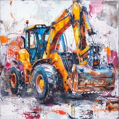 Backhoe loader with an impressionist painting style, vibrant splashes of color and visible brush strokes on a white canvas