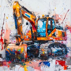 Backhoe loader with an impressionist painting style, vibrant splashes of color and visible brush strokes on a white canvas