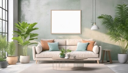 Modern living room interior with a blank poster on the wall, plants, and furniture on a concrete background,