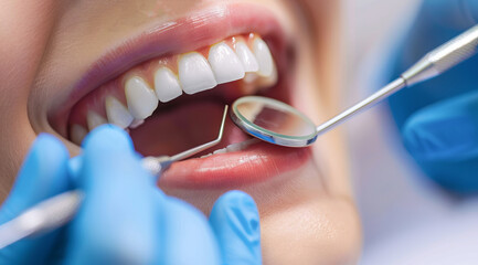 Woman with open mouth has teeth examined during checkup and fixed by a dentist in dental clinique