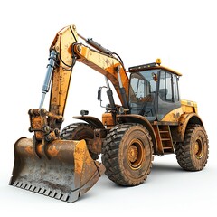 Photorealistic backhoe loader with emphasis on reflection and texture, showcasing engineering excellence, isolated white