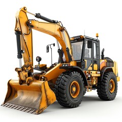 Photorealistic backhoe loader with emphasis on reflection and texture, showcasing engineering excellence, isolated white