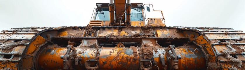 Fototapeta premium Perspective shot from below a backhoe loader, showcasing its towering presence and detailed undercarriage, against a white sky