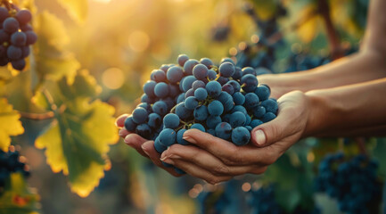 Hands holding grape vine in winery field at sunset