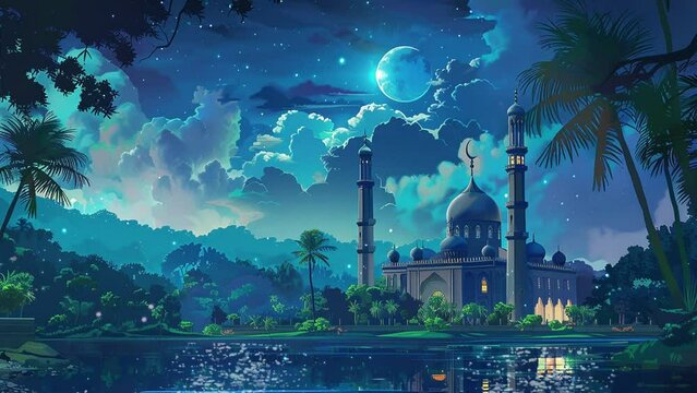 A beautiful mosque background with night outdoor view