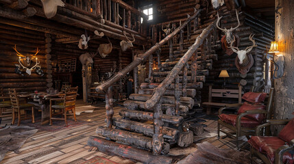 Log staircase in a rustic hunter's cabin adorned with taxidermy and wooden furniture.