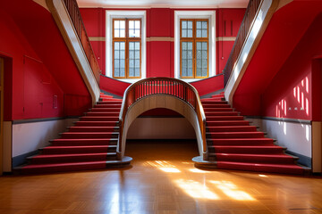 Majestic bifurcated staircase in a university setting, crimson, second-floor view.