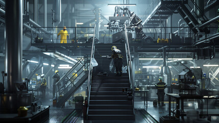 Industrial stairway in a workshop with busy machines and safety-dressed workers.