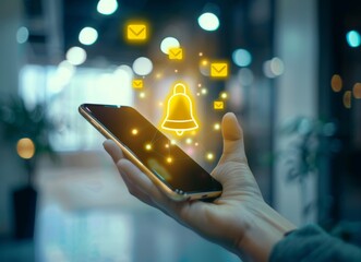 Hand holding a smartphone with a digital glowing yellow bell icon and message icons floating above on a blurred office background, depicting an online communication concept.