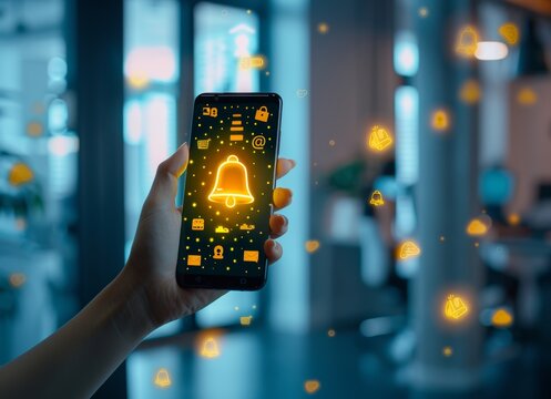 Hand holding a smartphone with a digital glowing yellow bell icon and message icons floating above on a blurred office background, depicting an online communication concept.