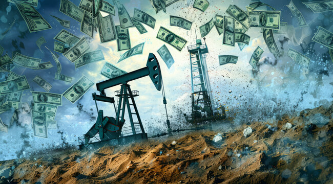 Oil rig pumping money from the earth. Concept of earth resource exploitation and corporate greed