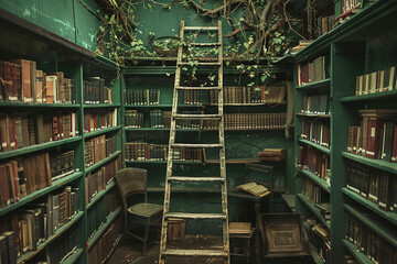 Charming old bookstore with a green ladder against walls full of books.