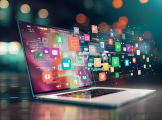 Laptop computer with colorful app icons floating above it, representing the concept of mobile technology and online support services.