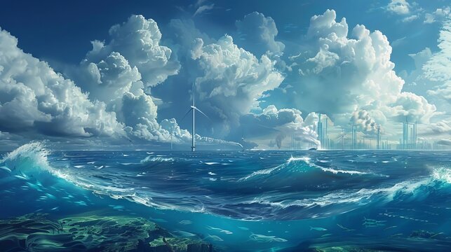 Develop artwork that showcases the untapped potential of ocean energy technologies, such as tidal energy, wave energy, and ocean thermal energy conversion OTEC, highlighting their ability to harness t