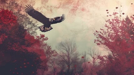 Fototapeta premium Patriotic Memorial Day banner featuring eagle over military tribute, Ai Generated