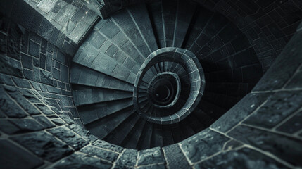 Light filters down a slate grey spiral staircase in a historic tower.