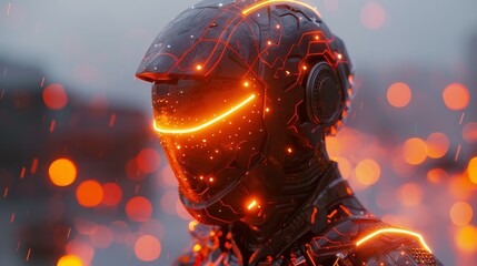 Futuristic armored character sporting glowing lights and intricate details, Ai Generated