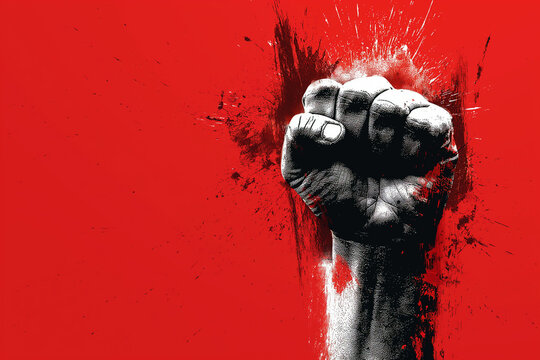 &ldquo;Power and Resistance&rdquo; A striking black and white clenched fist stands out against a vibrant red background, symbolizing strength, power, and resistance. The splatter effects add intensity to the imag