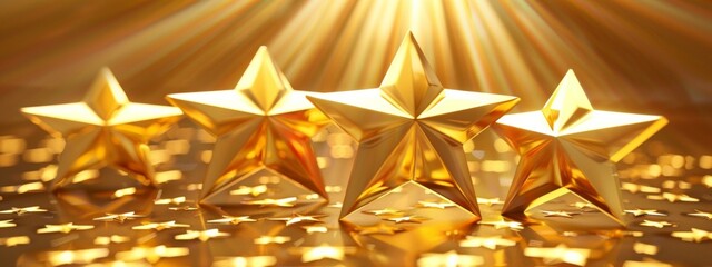 golden stars on gold background with rays of light, white stars, shiny and sparkly stars, glowing lights.