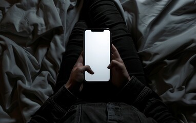 Mockup of a blank iPhone screen sitting on the lap, top view of a hand holding a phone with a white screen, wearing black pants and shirt with a dark background.