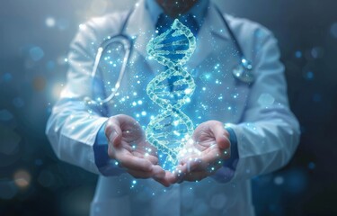 Medical doctor holding a stethoscope in his hands with a double helix DNA hologram on a blurred background, a futuristic digital technology and biotechnology concept.