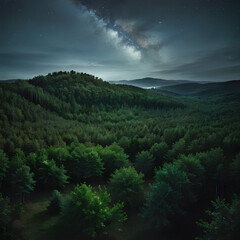 Nighttime view of the Milky Way galaxy
 above a dark forest. Generative AI