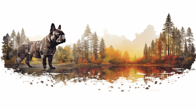 Double Exposure, white background, French Bulldog in front of a forest illustration ~ Created using Generative AI