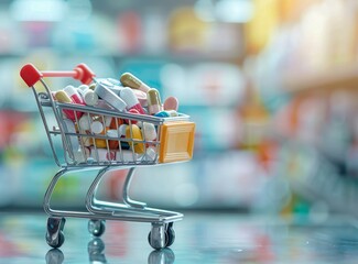 Shopping cart full of pills and medical supplies on a blurred pharmacy background, concept of community health care or looking for aligned items in the store
