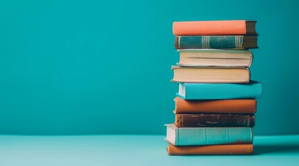 Stack of books on the right side with copy space for text and a pastel colored background.