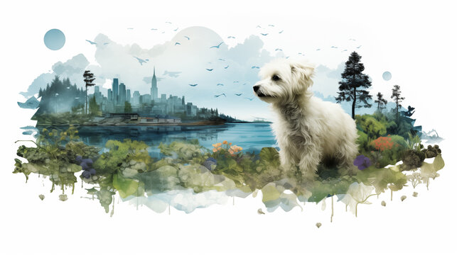 Double Exposure, white background, Maltipoo in front of a forest illustration ~ Created using Generative AI