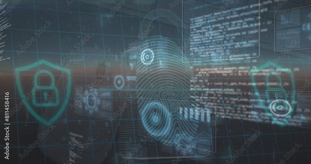 Poster image of data processing and security padlock over blue background