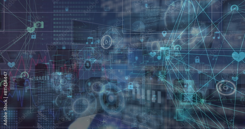 Aufkleber image of data processing on moving screens over blue background