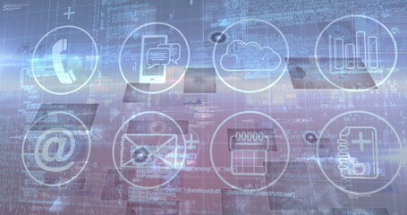 Image of data processing and icons over blue background