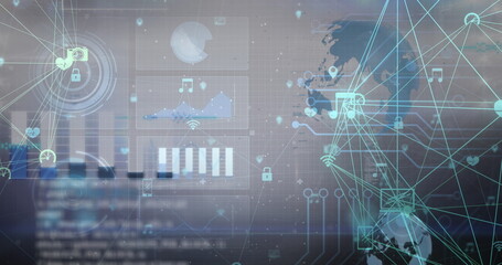 Image of data processing and network of connections over blue background