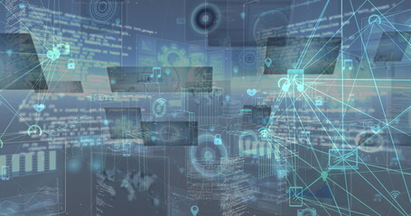 Image of data processing on moving screens over blue background